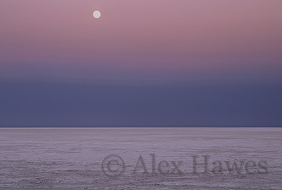 Moonrise over Makgadikgadi Pan, a salt pan in northern Botswana