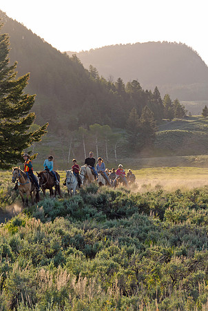 Tourists returning from horse ride, Lamar Valley, Yellowstone National Park, Wyoming