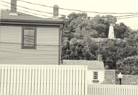 View of Mark Twain's childhood home beyond home of "Becky" (left); Cardiff Hill in distance: Hannibal, Missouri